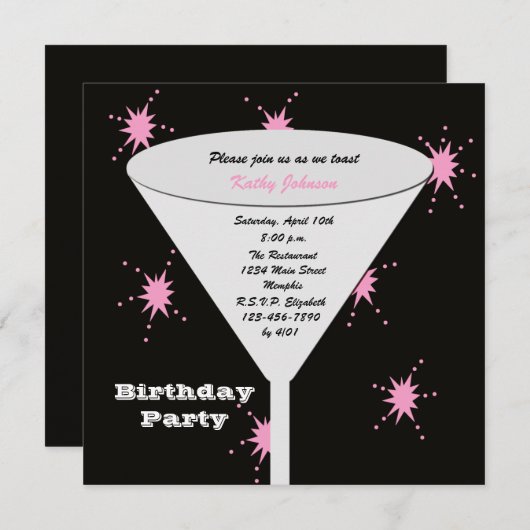 彼女の黒とピンクのための大人の誕生日パーティートースト 招待状 (正面/裏面)