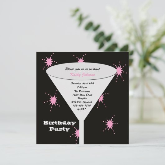 彼女の黒とピンクのための大人の誕生日パーティートースト 招待状 (スタンド正面)