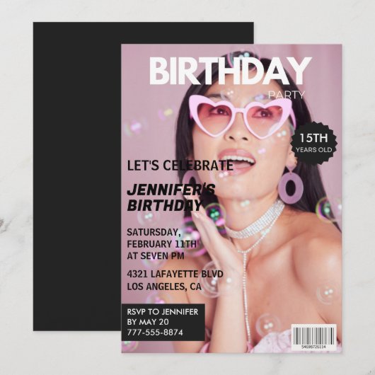 彼女の15歳の誕生日パーティーの招待状 雑誌の表紙 招待状 (正面/裏面)