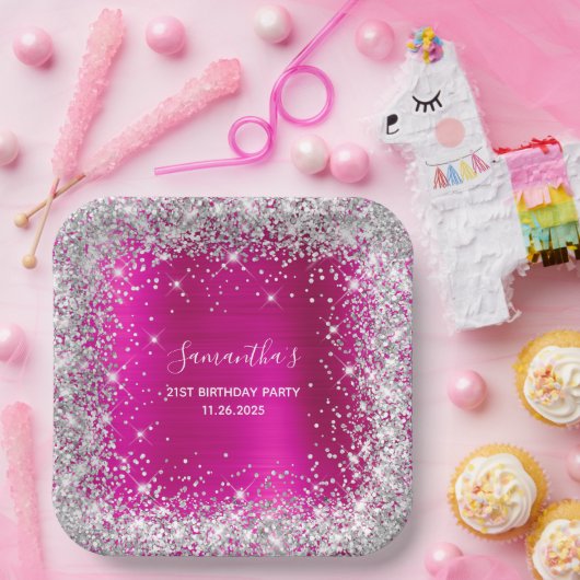 彼女の21歳の誕生日ホットピンクとシルバーのグリッター ペーパープレート (パーティー)
