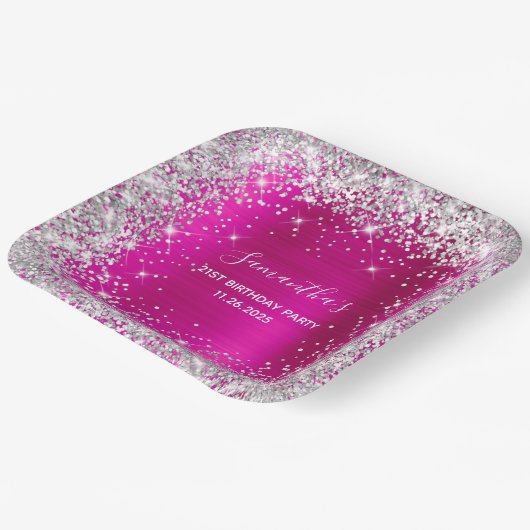 彼女の21歳の誕生日ホットピンクとシルバーのグリッター ペーパープレート (傾斜あり)