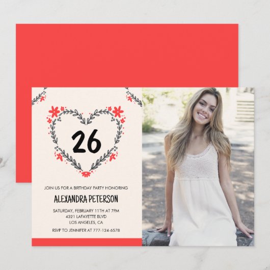 彼女の26歳の誕生日パーティーの招待状 フラワーハート 招待状 (正面/裏面)