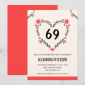 彼女の69歳の誕生日のためのモダンなあらゆる年齢の花のハート 招待状 (正面/裏面)
