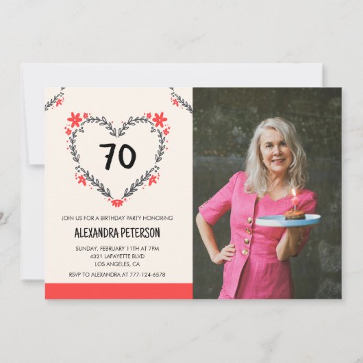 彼女の70歳の誕生日祝いにフラワーハートの招待状 招待状 (正面)