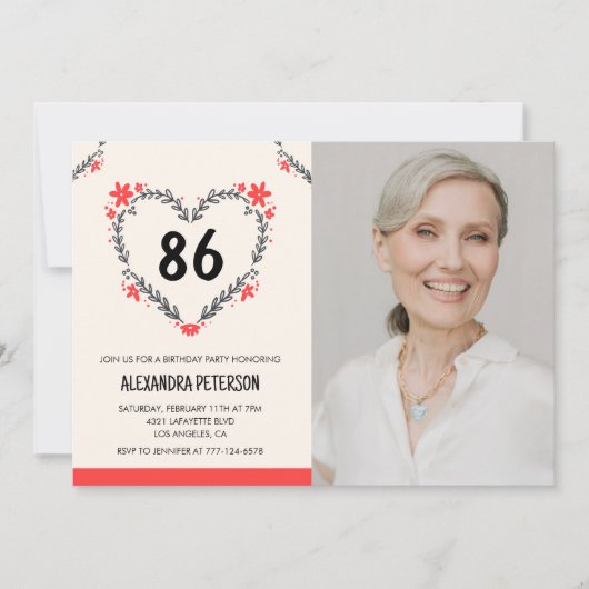 彼女の86歳の誕生日にエレガントな赤い花のハート 招待状 (正面)