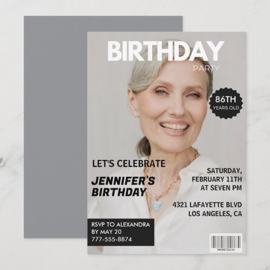 彼女の86歳の誕生日を祝うフォトマガジン風カバー 招待状 (正面/裏面)