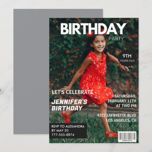 彼女の9歳の誕生日パーティーの招待状 雑誌の表紙 招待状 (正面/裏面)