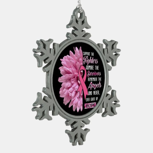 彼女のTのための戦闘機の贈り物を支持する乳がん スノーフレークピューターオーナメント (左)