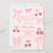 彼女はさくらんぼオントップピンクボウブライダルシャワー 招待状 (正面)