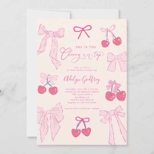 彼女はさくらんぼオントップピンクボウブライダルシャワー 招待状 (正面)
