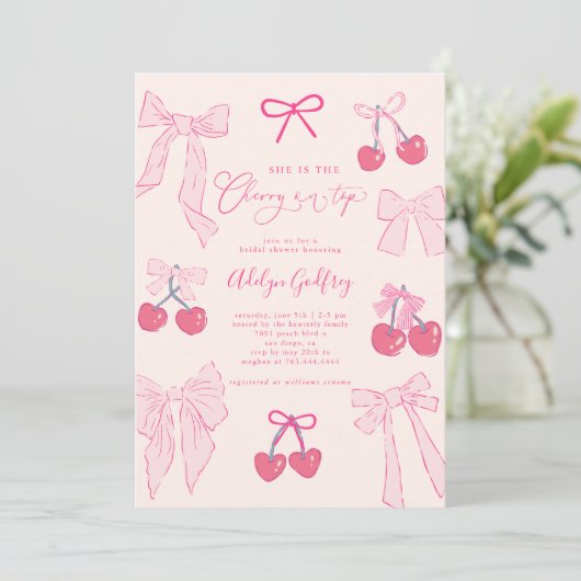 彼女はさくらんぼオントップピンクボウブライダルシャワー 招待状 (スタンド正面)