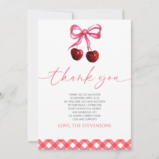 彼女はさくらんぼオントップボウさくらんぼベビーシャワー サンキューカード (正面)