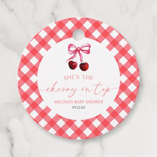 彼女はさくらんぼオントップボウさくらんぼベビーシャワー フェイバータグ (正面)