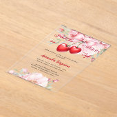 彼女はさくらんぼオントップボウ花模様ブライダルシャワー アクリル招待状 (レイダウン)