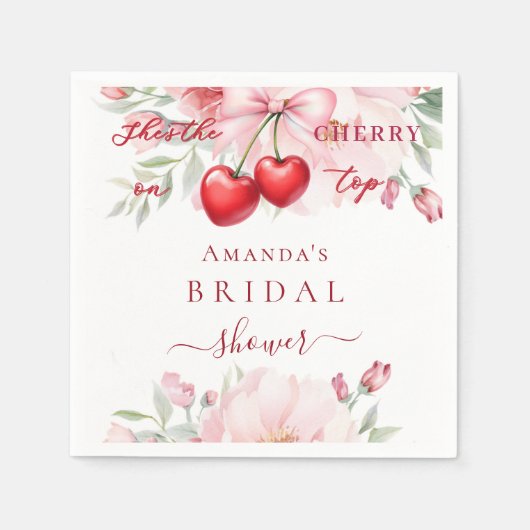 彼女はさくらんぼオントップボウ花模様ブライダルシャワー スタンダードカクテルナプキン (正面)