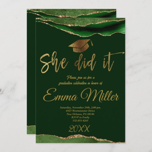 彼女はそれを行った – グリーンと金ゴールド卒業パーティー 招待状 (正面/裏面)