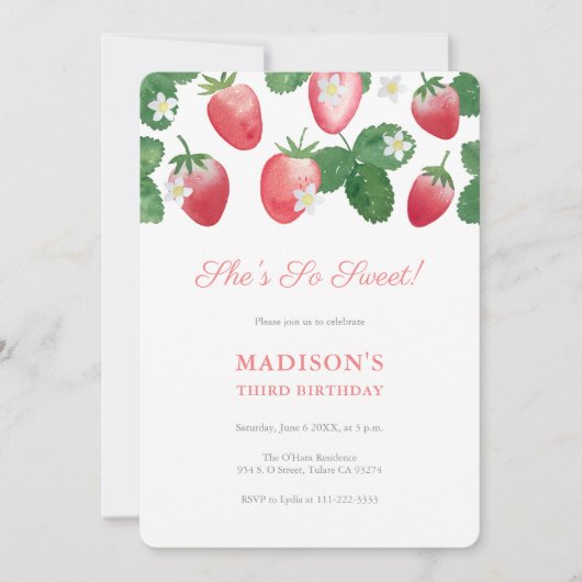 彼女はとても甘いストロベリーピクニックの誕生日パーティーだ 招待状 (正面)
