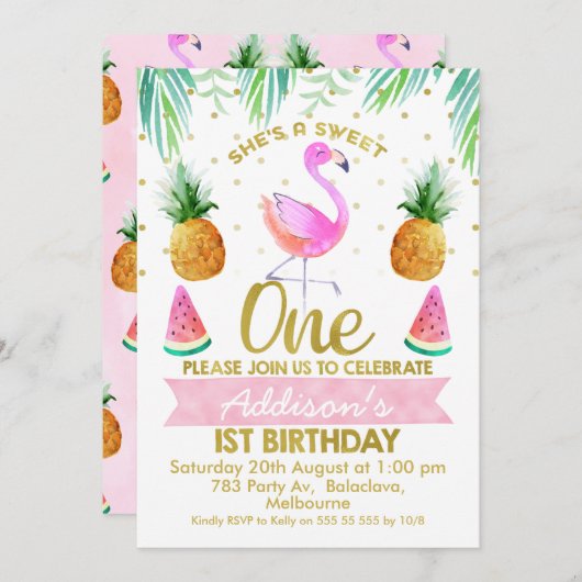 彼女はとても甘い熱帯フラミンゴファースト誕生日 招待状 (正面/裏面)