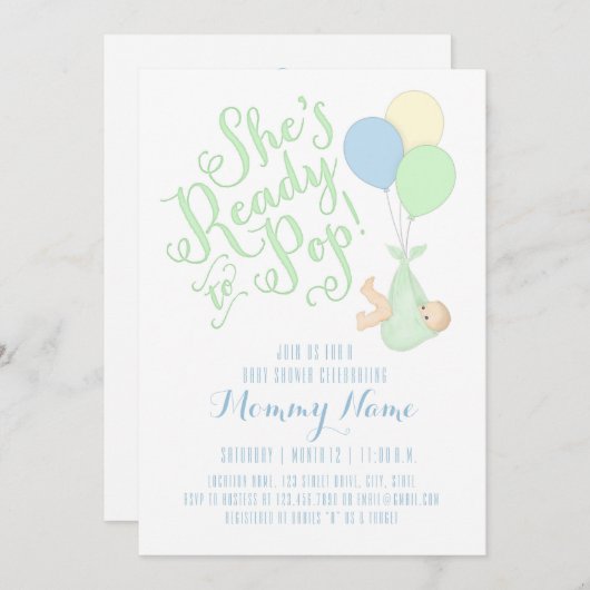 彼女はぽんと鳴って準備ができています! シャワーの招待状 招待状 (正面/裏面)