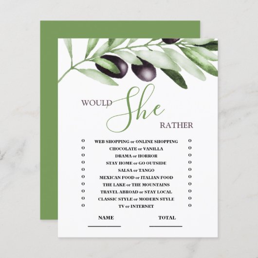 彼女はむしろオリーブの枝のブライダルシャワーゲーム (正面/裏面)