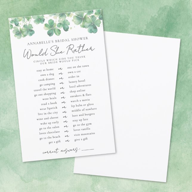 彼女はむしろシャムロックのブライダルシャワーゲーム (Would She Rather Shamrock Bridal Shower Game)