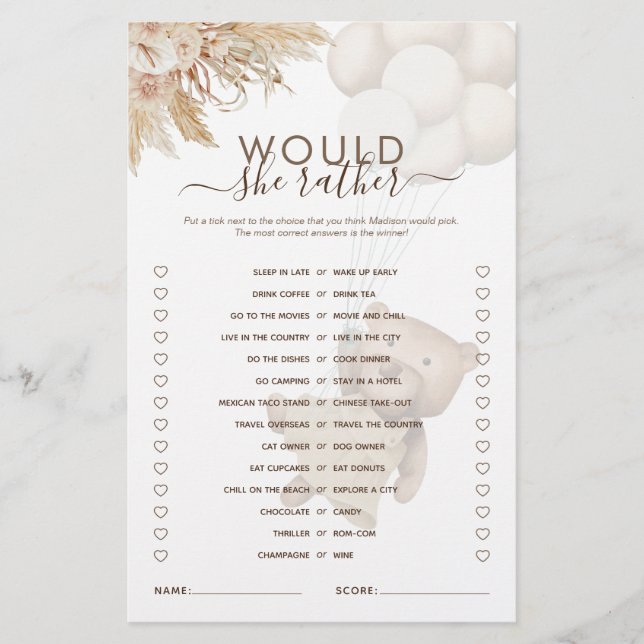 彼女はむしろテディベア赤ちゃんシャワーのゲーム (正面)