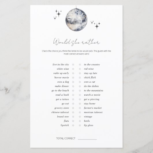 彼女はむしろディスコのボールブライダルシャワーゲーム (正面)