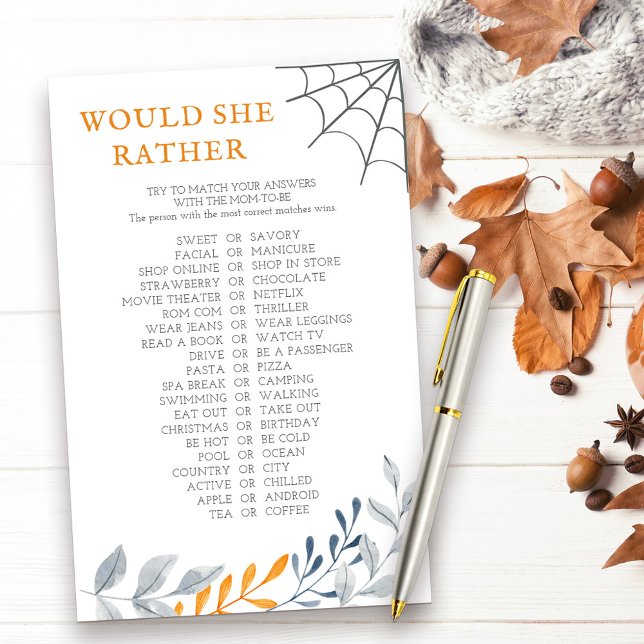 彼女はむしろハロウィーンの秋シャワーゲーム (Would She Rather halloween themed baby shower game with fall leaves and cobweb)