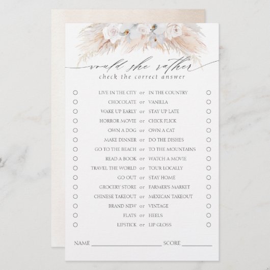 彼女はむしろパンパスグラスブライダルシャワーゲーム (正面/裏面)