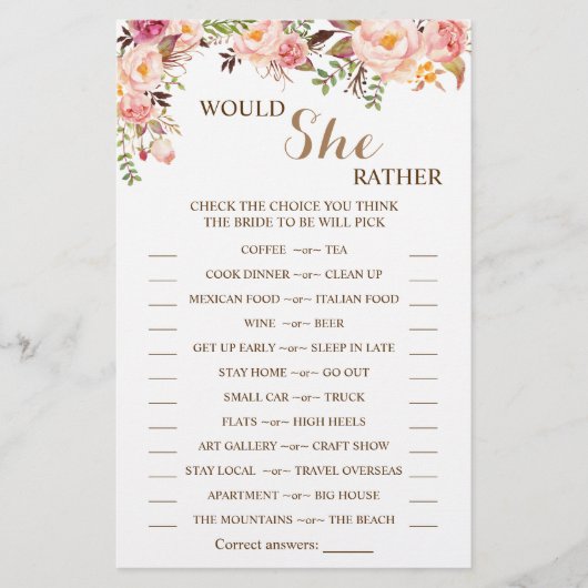 彼女はむしろピンクのブライダルシャワーのゲームカード チラシ (正面)