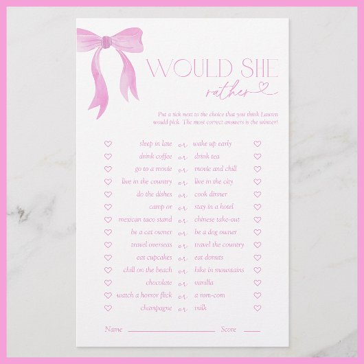 彼女はむしろピンクの弓のブライダルシャワーゲーム