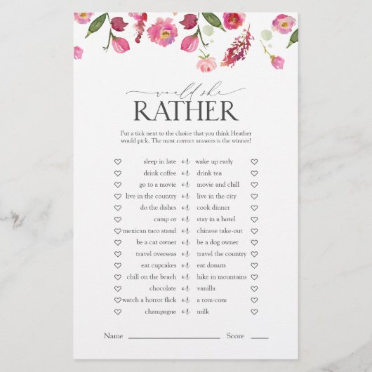 彼女はむしろピンクの花のブライダルシャワーゲーム (正面)