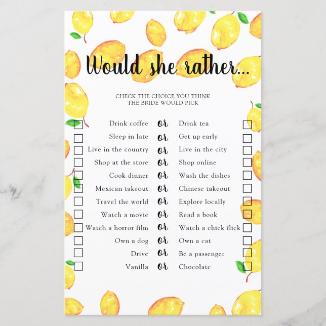 彼女はむしろブライダルシャワーゲームのレモン (正面)