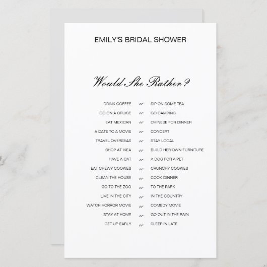 彼女はむしろブライダルシャワーゲーム印刷を (正面/裏面)