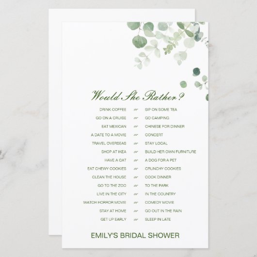 彼女はむしろブライダルシャワーゲーム印刷を (正面/裏面)