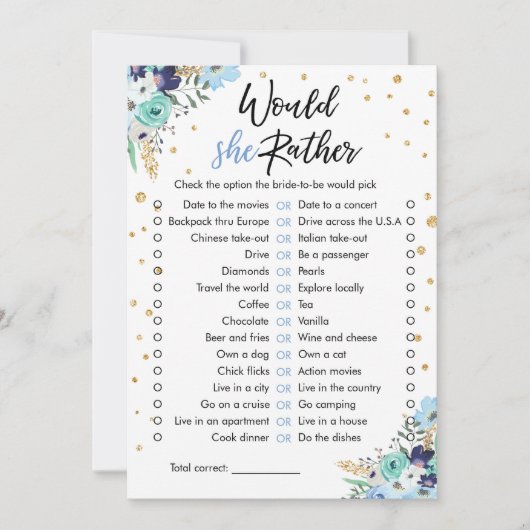 彼女はむしろブライダルシャワーゲーム旅行ブルー 招待状 (正面)