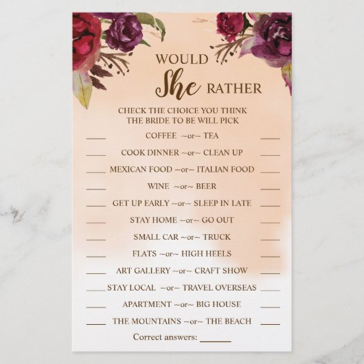 彼女はむしろブルゴーニュのブライダルシャワーのゲームカードを チラシ (正面)