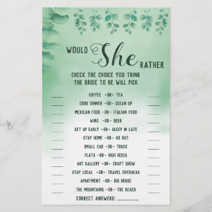 彼女はむしろユーカリBridalShowerゲームカードを望む チラシ