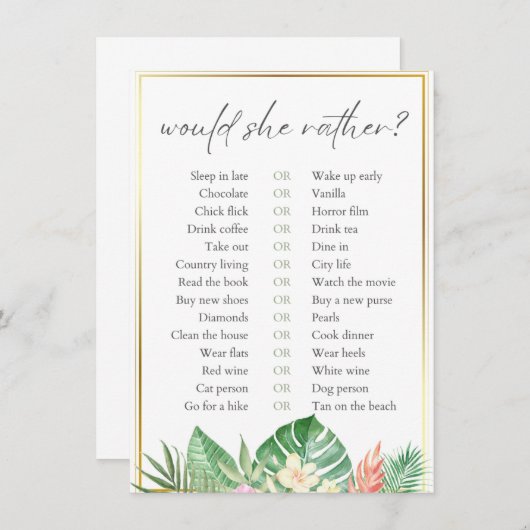 彼女はむしろ熱帯のブライダルシャワーゲームを エンクロージャーカード (正面/裏面)