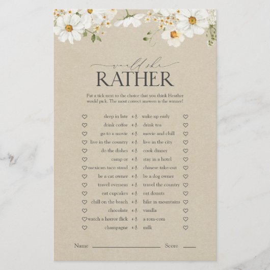 彼女はむしろ素朴デイジーブライダルシャワーゲーム (正面)