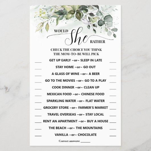 彼女はむしろ緑の赤ん坊のシャワーゲームカードを チラシ (正面)