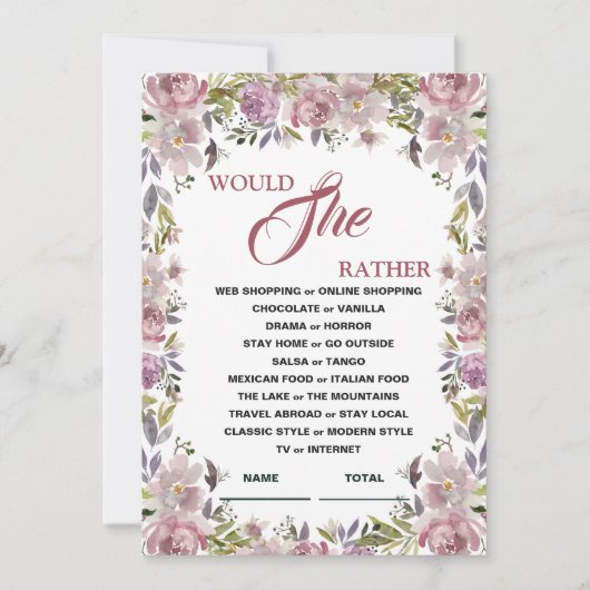 彼女はむしろ薄紫フローラブライダルシャワーゲーム私 招待状 (正面)