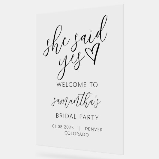 彼女はイエスと言った スクリプト 彼女はイエスと言った ブライダルシャワー アクリルサイン (傾斜)