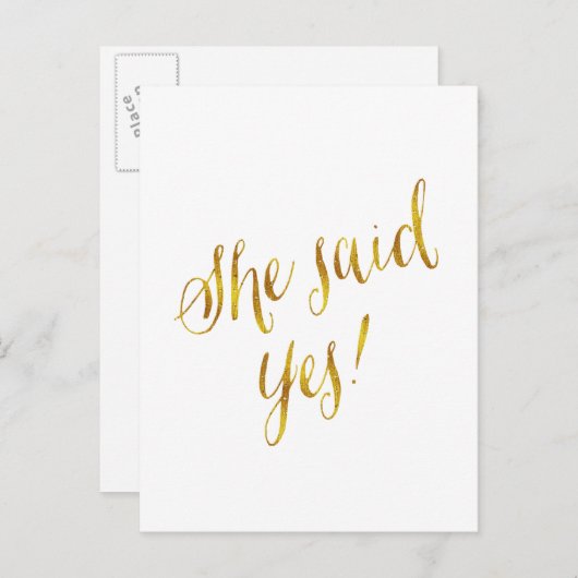 「彼女はイエスと言った」引用 偽ゴールド フォイル メタリック デザイン 案内ポストカード (正面/裏面)