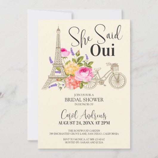 彼女はウィと言った!水彩フローラブライダルシャワー 招待状 (正面)