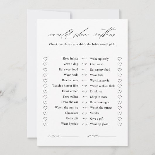 彼女はエレガントむしろブライダルシャワーのゲームカードを望む 招待状 (正面)