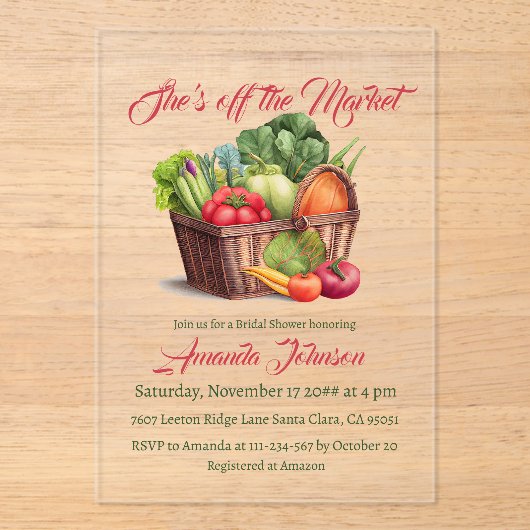 彼女はオフザマーケットファームハウスブライダルシャワー アクリル招待状 (正面)