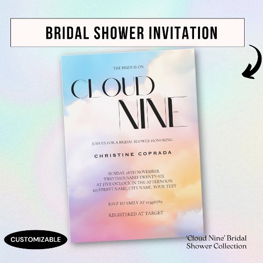 彼女はクラウド9パステルカラフルブライダルシャワー 招待状