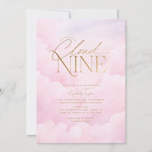 彼女はクラウド9ピンクエレガント赤面ブライダルシャワー 招待状 (正面)