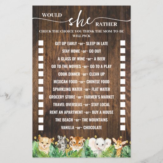 彼女はサファリの赤ちゃんシャワーゲームカードを望む チラシ (正面)